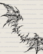 Bat wing tattoo stencil design with gothic wing detail, webbed panels, and wide lower back placement intent