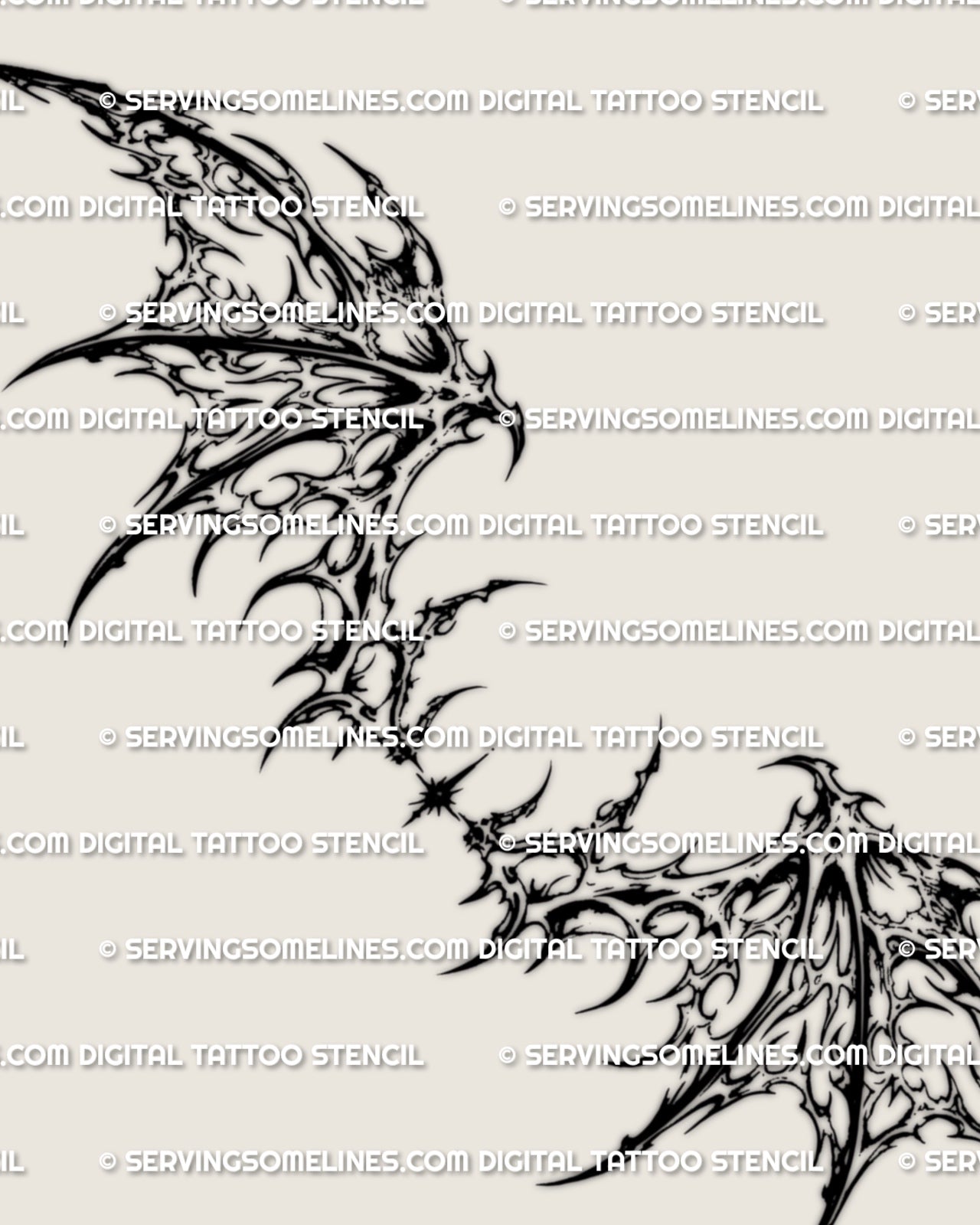 Bat wing tattoo stencil design with gothic wing detail, webbed panels, and wide lower back placement intent