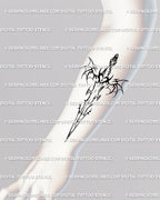 Forearm tattoo mockup of gothic sword with bat wings and horns, digital neotribal tattoo stencil in cyber sigilism fantasy dagger style.