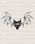 Bat wings heart tattoo stencil in clean linework, a barbed wire heart with wings symbolizing dark romance and freedom. 