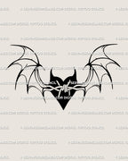 Bat wings heart tattoo stencil in clean linework, a barbed wire heart with wings symbolizing dark romance and freedom. 