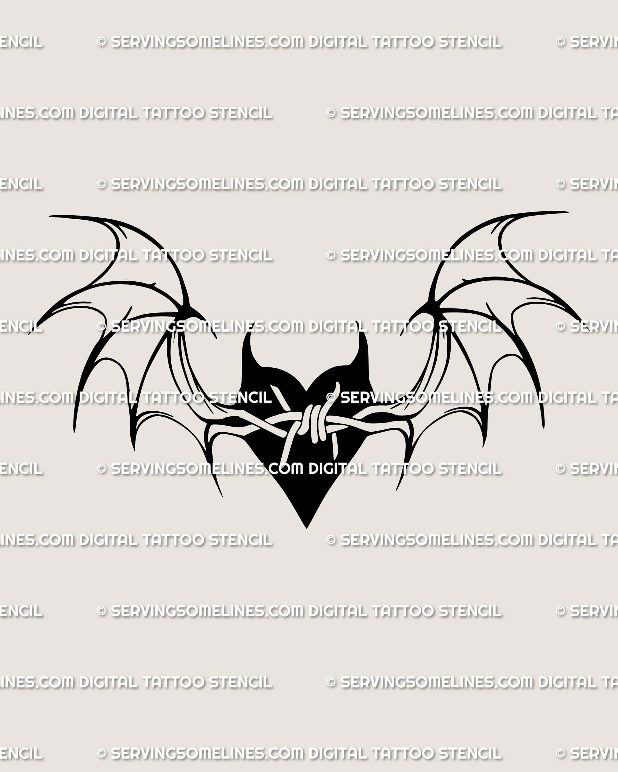 Bat wings heart tattoo stencil in clean linework, a barbed wire heart with wings symbolizing dark romance and freedom. 