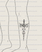 Tattoo preview on lower leg showing bat wings sword tattoo stencil, cyber sigilism gothic dagger digital design with fantasy blade detailing. 