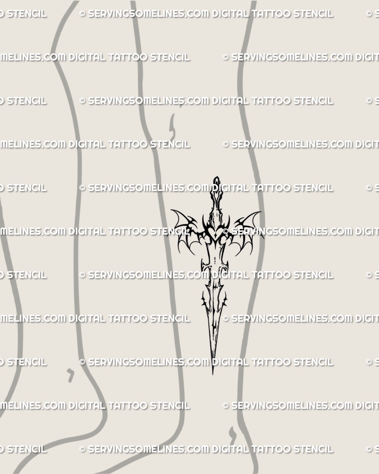 Tattoo preview on lower leg showing bat wings sword tattoo stencil, cyber sigilism gothic dagger digital design with fantasy blade detailing. 