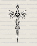 Gothic bat wings sword tattoo stencil with cyber sigilism and neotribal detailing, digital fantasy dagger design drawn for tattoo collectors.