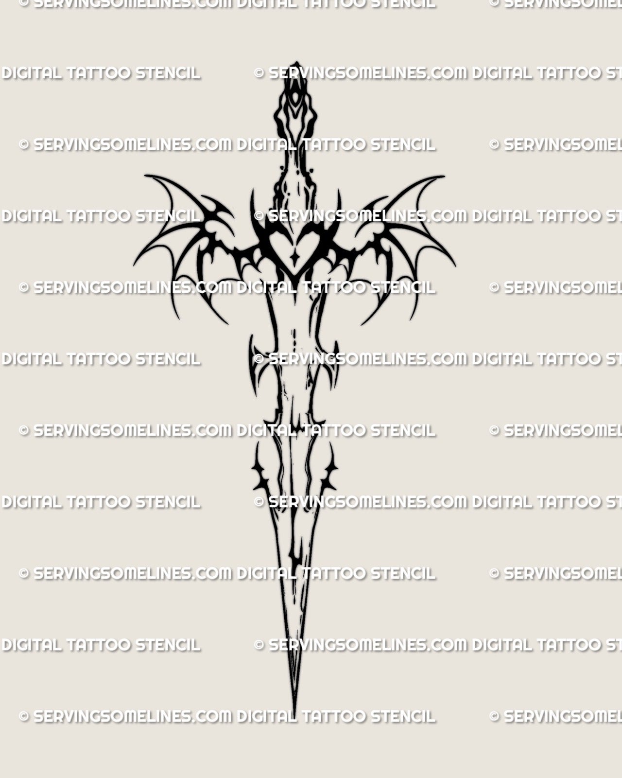 Gothic bat wings sword tattoo stencil with cyber sigilism and neotribal detailing, digital fantasy dagger design drawn for tattoo collectors.