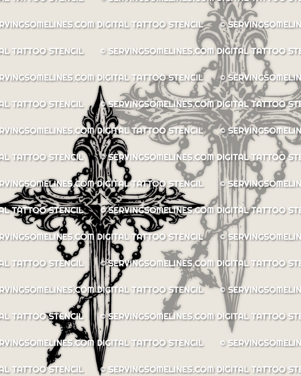 Prayer beads cross stencil download design, ornate cross with rosary beads looping and dangling, clean lines for stencil transfer.