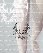 Below knee cybersigilism tattoo placement with a balanced mirrored frame and sharp tapering points under the knee