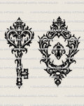 Gothic best friend key and keyhole tattoo stencil set with baroque filigree outlines, shown as both designs together. 