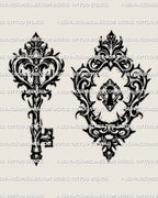 Gothic best friend key and keyhole tattoo stencil set with baroque filigree outlines, shown as both designs together. 