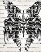 Bold biblical angel tattoo stencil design with layered wings, watchful eye, and traditional-style black shading