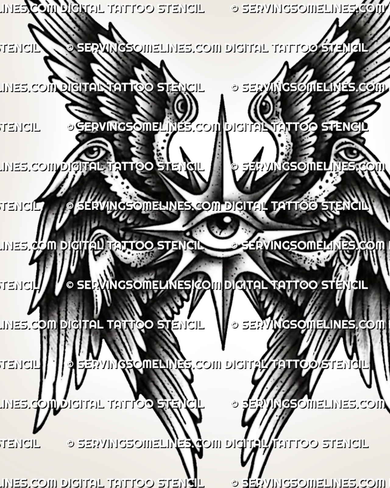 Bold biblical angel tattoo stencil design with layered wings, watchful eye, and traditional-style black shading