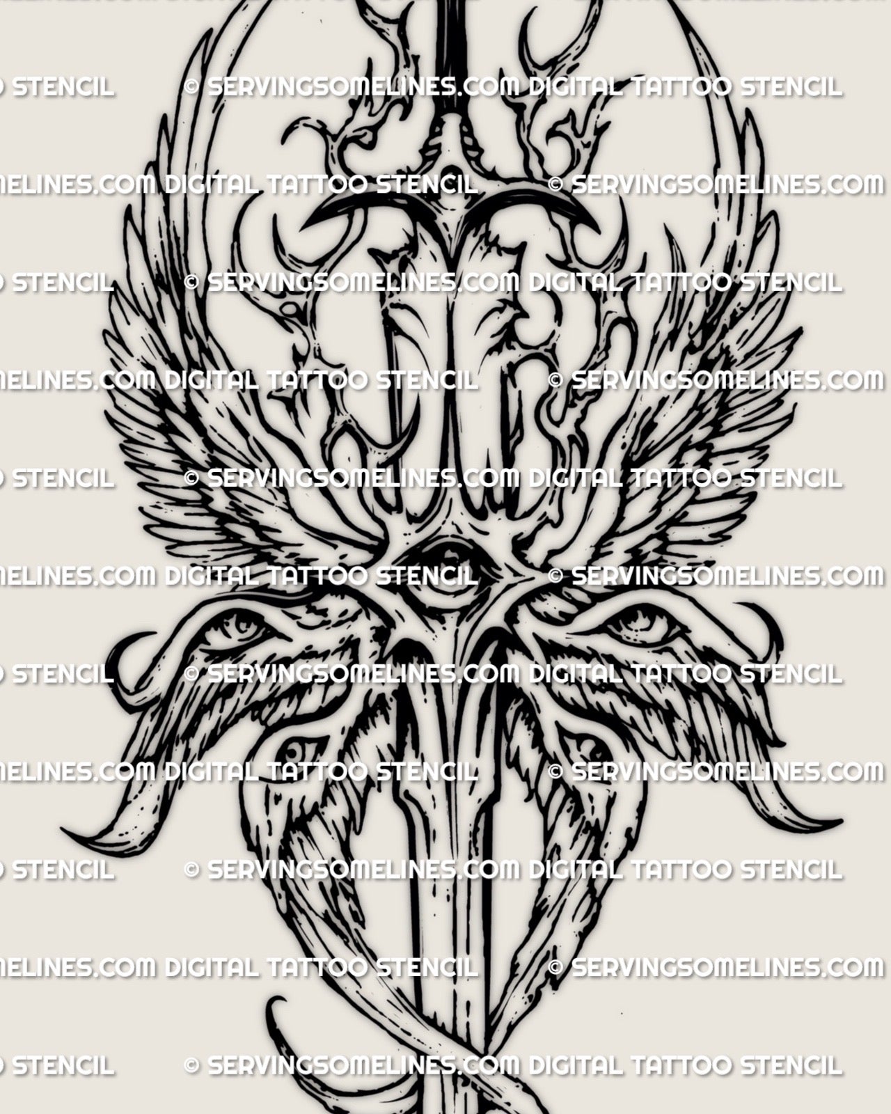 Biblical seraphim angel tattoo stencil featuring eyes on wings and six wing structure, downloadable digital design for professional tattoo use