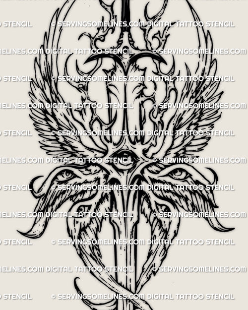 Biblical seraphim angel tattoo stencil featuring eyes on wings and six wing structure, downloadable digital design for professional tattoo use
