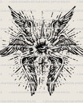 Biblical seraphim angel tattoo stencil featuring an all seeing eye and cross inspired structure, printable digital tattoo stencil created for professional tattoo use