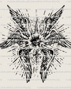 Biblical seraphim angel tattoo stencil featuring an all seeing eye and cross inspired structure, printable digital tattoo stencil created for professional tattoo use