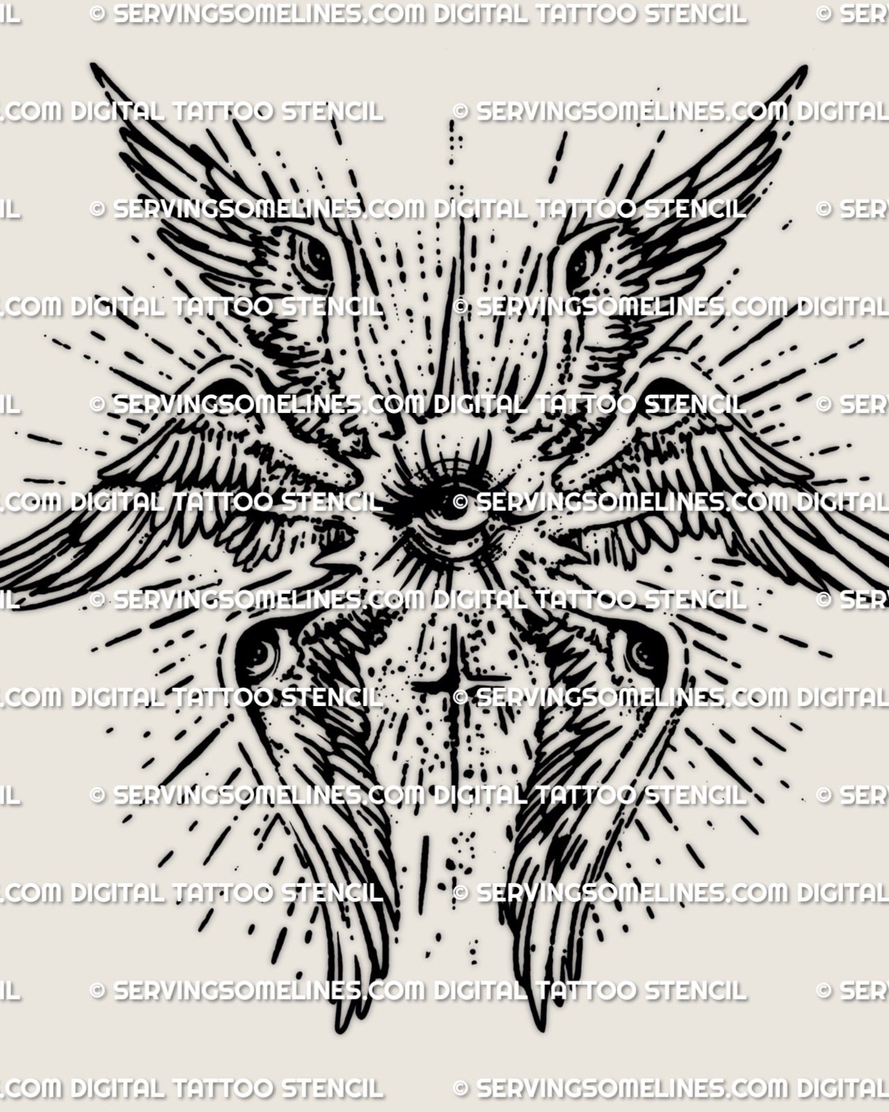 Biblical seraphim angel tattoo stencil featuring an all seeing eye and cross inspired structure, printable digital tattoo stencil created for professional tattoo use