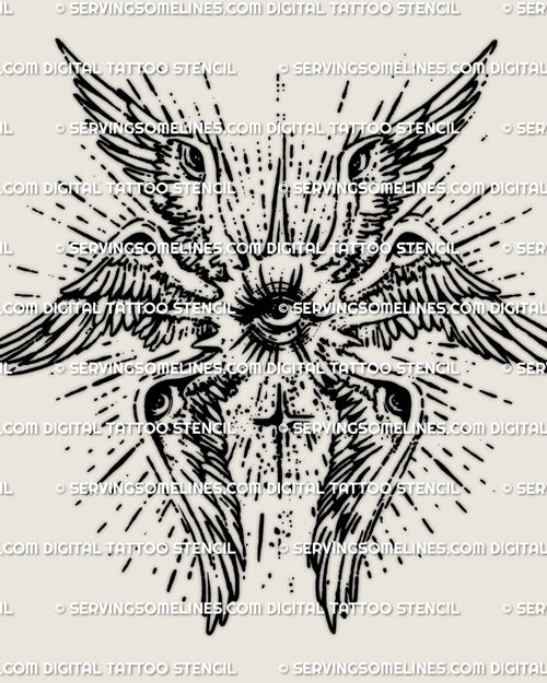 Biblical seraphim angel tattoo stencil featuring an all seeing eye and cross inspired structure, printable digital tattoo stencil created for professional tattoo use