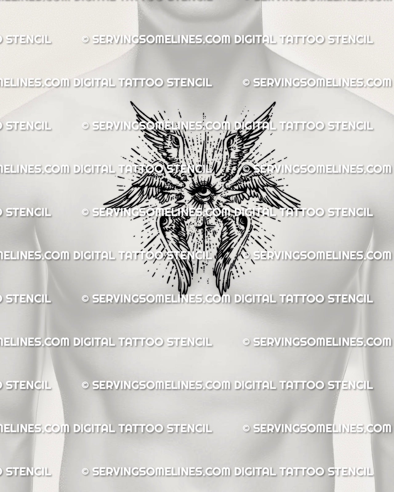 Biblical seraphim chest tattoo stencil for men featuring an all seeing eye and cross inspired structure, printable digital tattoo stencil for centered chest placement
