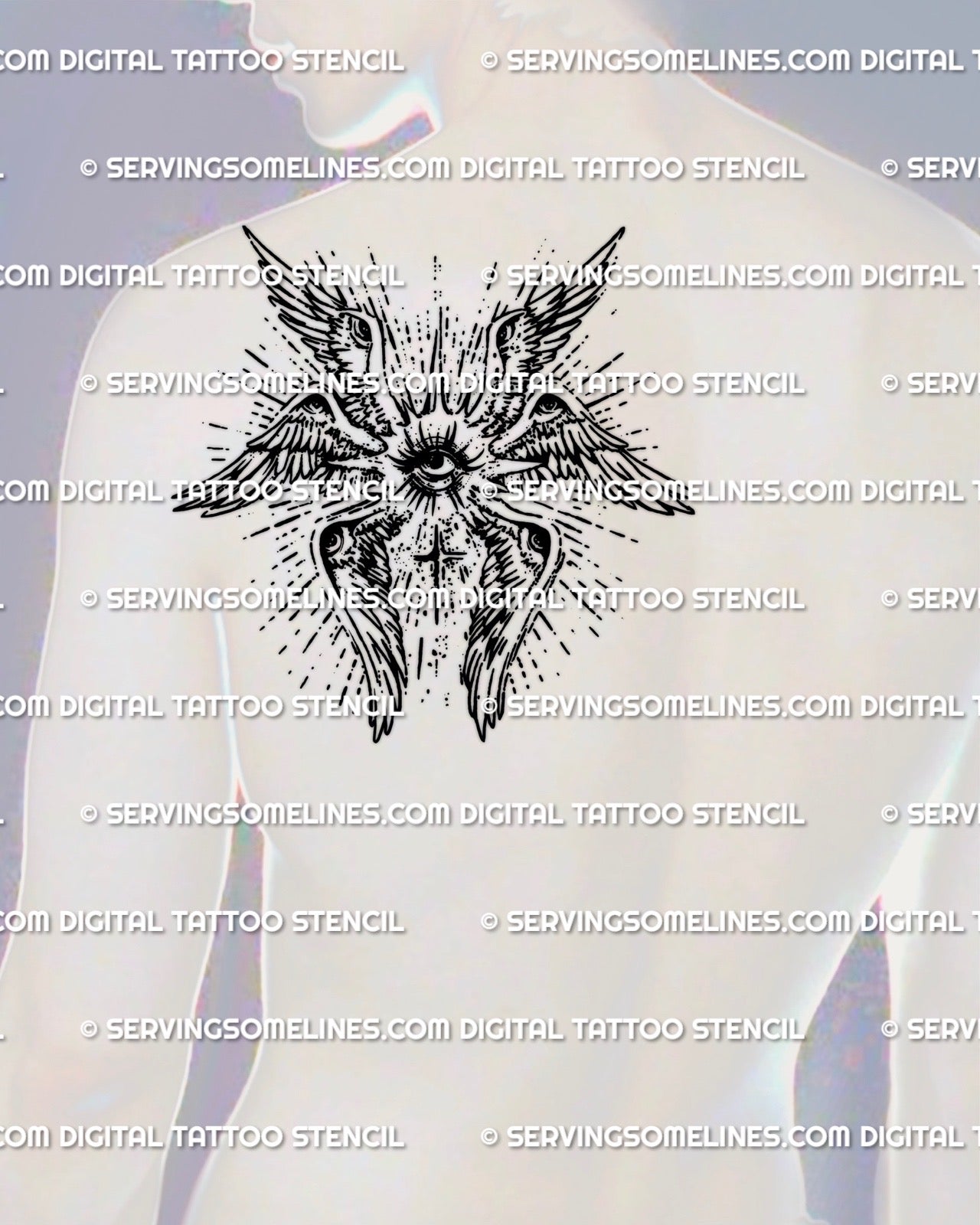 Biblical seraphim angel tattoo stencil for men’s shoulder placement featuring all seeing eye and wing symbolism, digital tattoo stencil prepared for clean transfer
