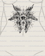 Biblical seraphim angel tattoo stencil designed for women’s sternum and stomach placement, all seeing eye tattoo design prepared as a printable stencil
