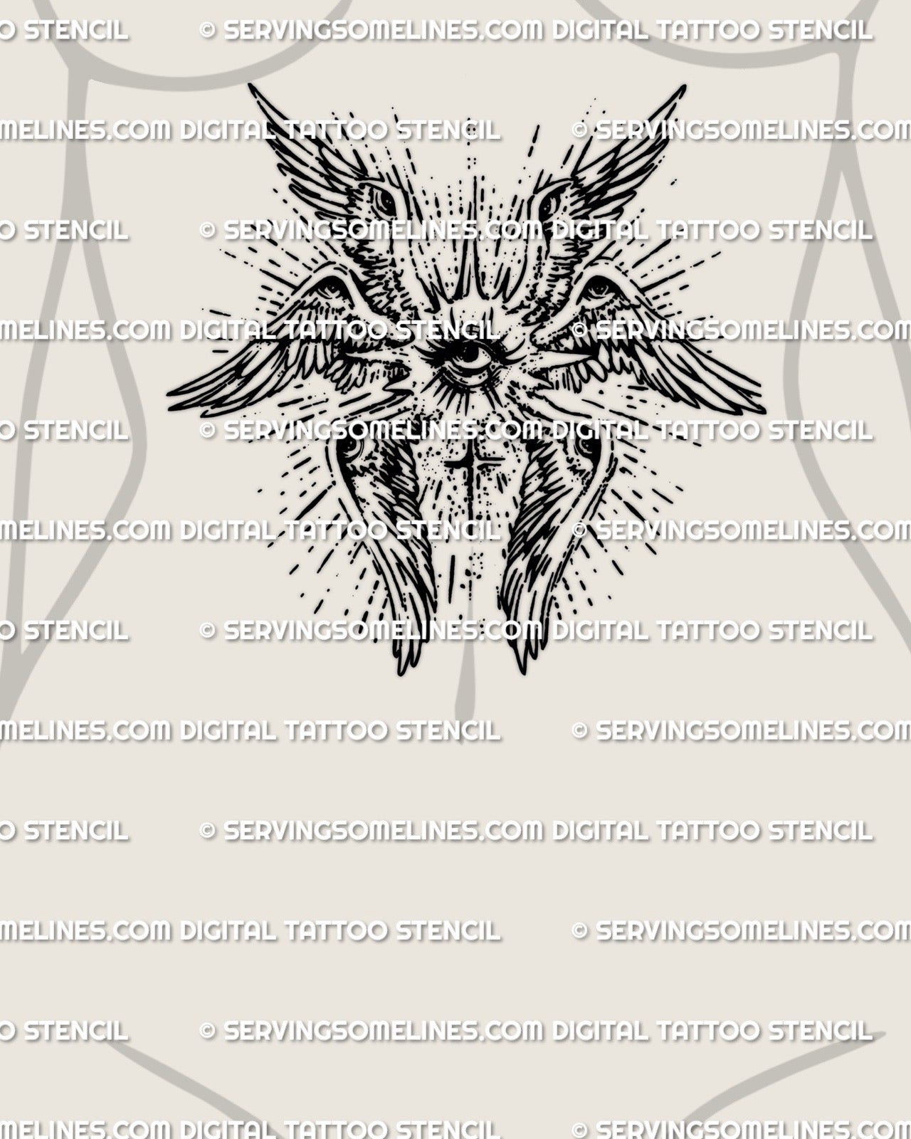 Biblical seraphim angel tattoo stencil designed for women’s sternum and stomach placement, all seeing eye tattoo design prepared as a printable stencil
