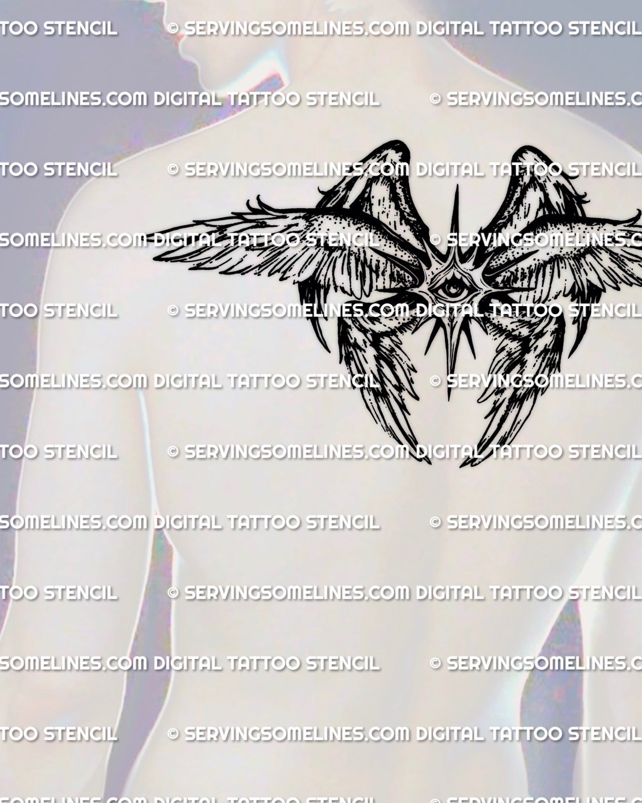 Biblical seraphim upper back tattoo stencil for men, centered angel design with all seeing eye for strong back placement