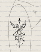 Biblical sword of spirit tattoo stretched across the front thigh, sacred line art with angel wings and starburst details, bold yet elegant.