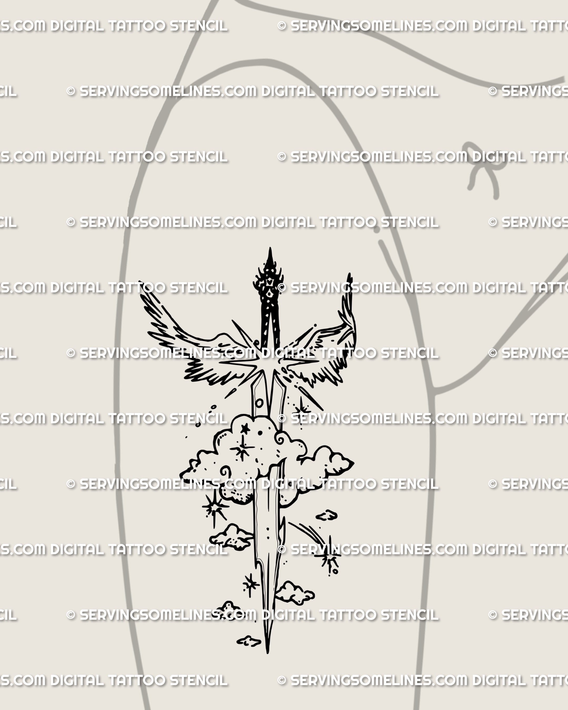 Biblical sword of spirit tattoo stretched across the front thigh, sacred line art with angel wings and starburst details, bold yet elegant.