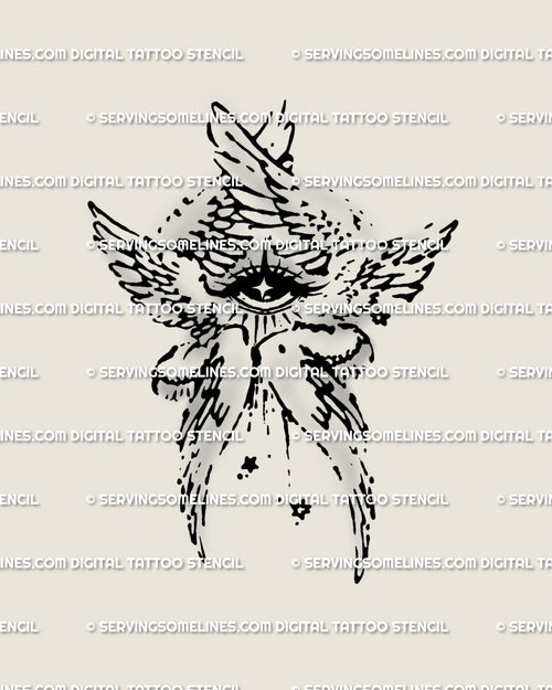 Biblically accurate angel tattoo stencil, six winged seraph design with all seeing eye and stars, guardian faith artwork digital download.