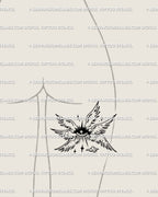 Biblically accurate angel tattoo placed on the back of the thigh, six wings framing a protective seraphim eye. Spiritual guardian tattoo download stencil.
