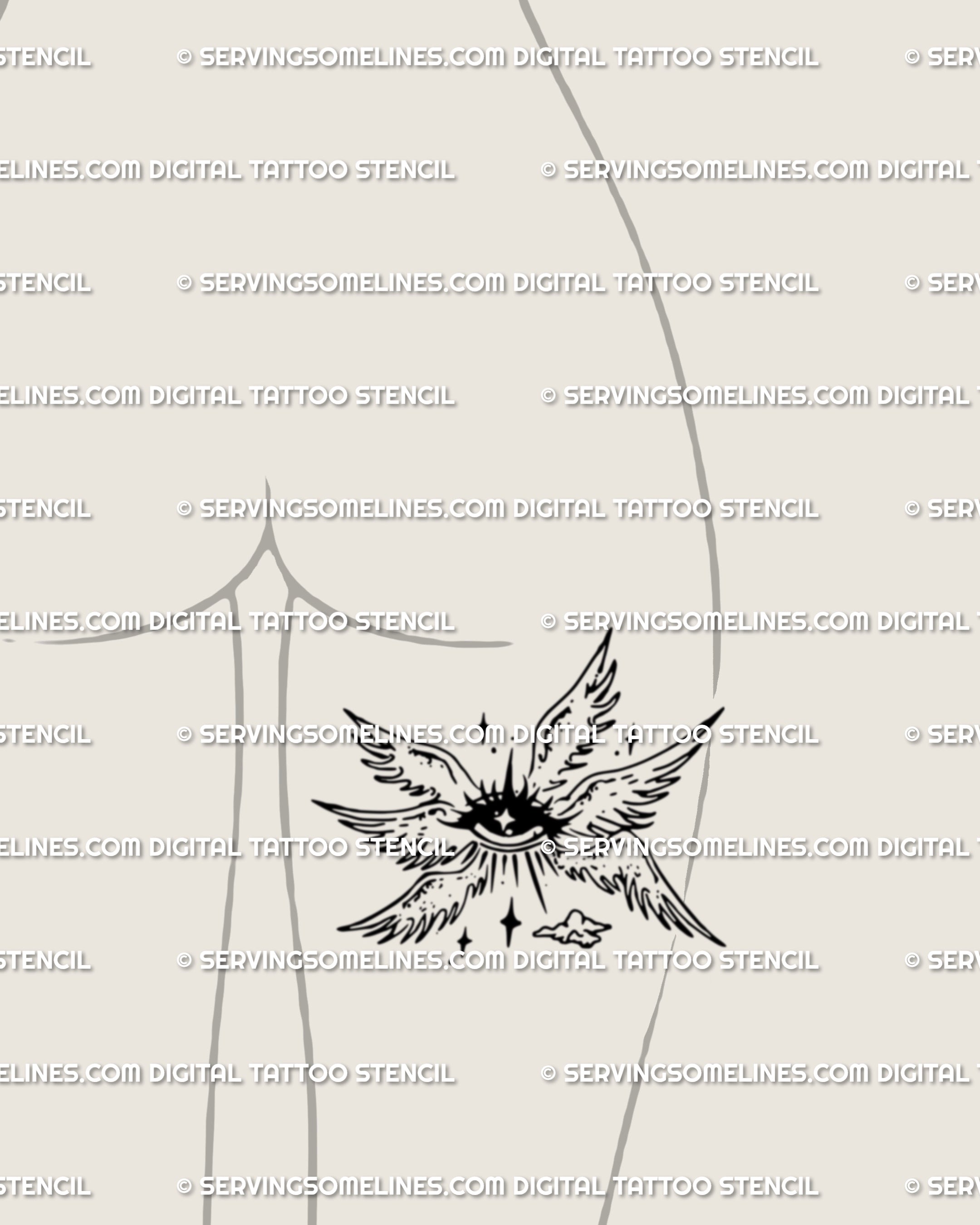 Biblically accurate angel tattoo placed on the back of the thigh, six wings framing a protective seraphim eye. Spiritual guardian tattoo download stencil.