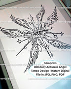 Digital preview of biblically accurate angel tattoo line art, showing a seraphim wings stencil ready as printable gothic tattoo flash.