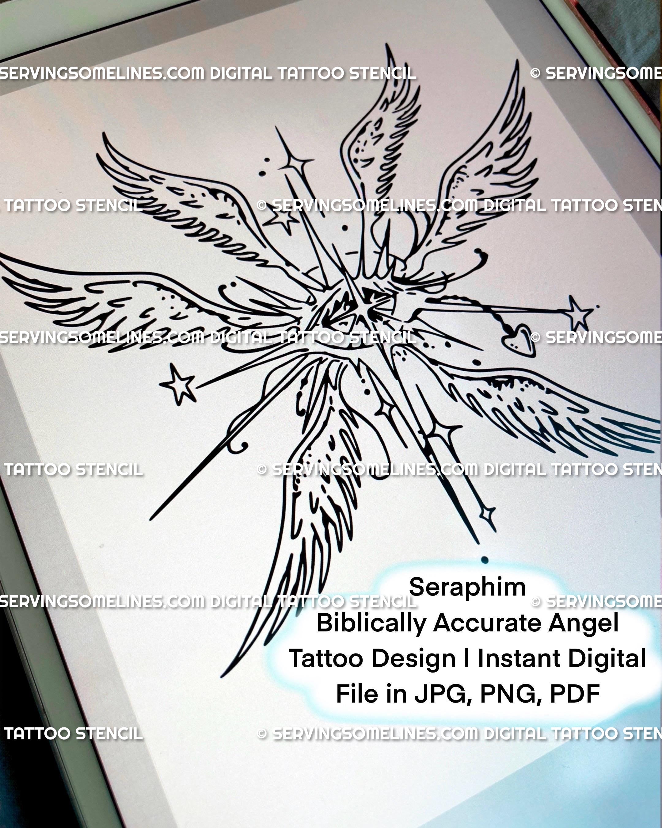 Digital preview of biblically accurate angel tattoo line art, showing a seraphim wings stencil ready as printable gothic tattoo flash.