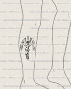 Biblically inspired angel tattoo design on the lower leg; refined blade and wings, symbolic linework for a modern spiritual piece.