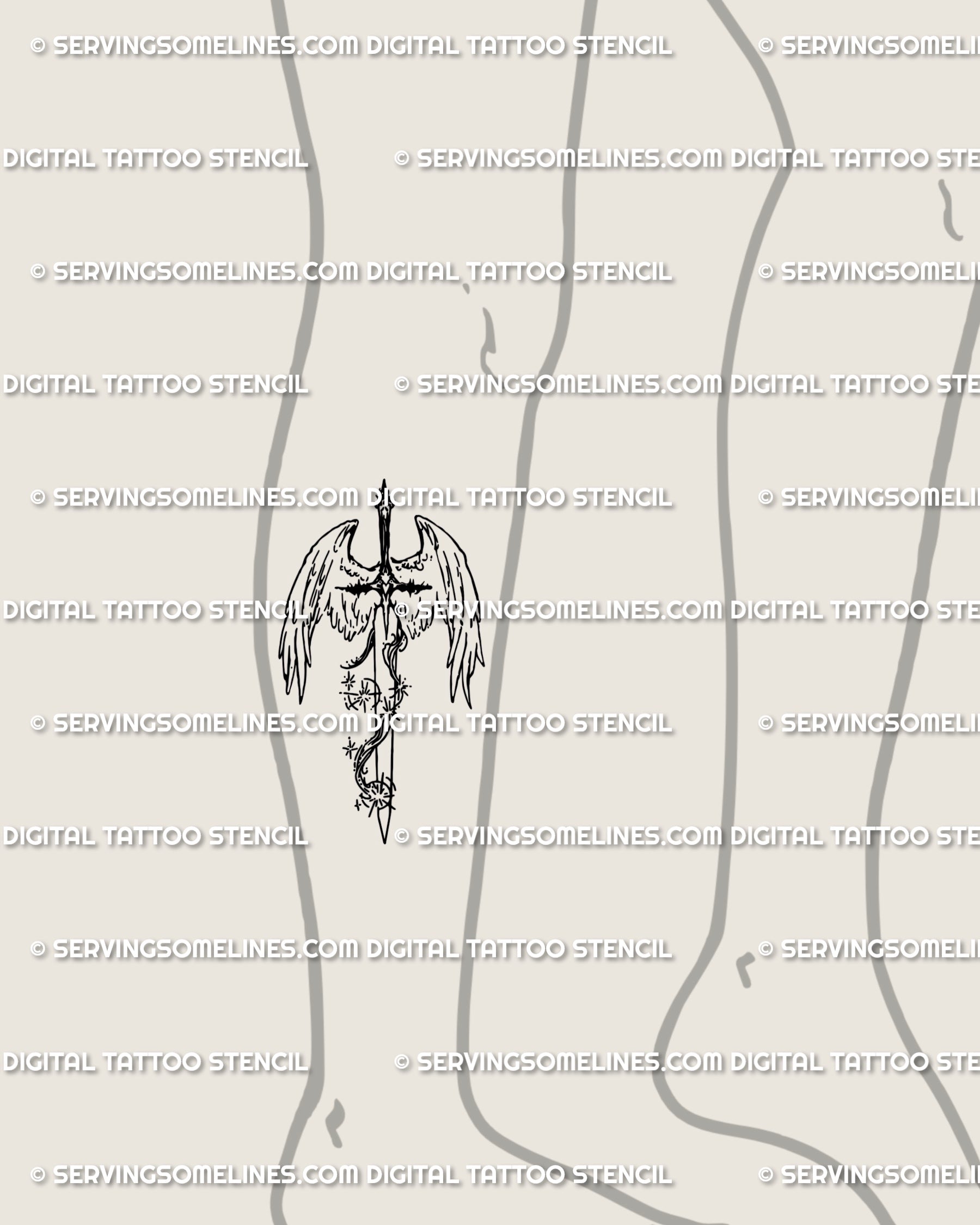 Biblically inspired angel tattoo design on the lower leg; refined blade and wings, symbolic linework for a modern spiritual piece.