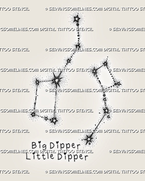 Big dipper constellation tattoo stencil set with little dipper, Ursa Major and Ursa Minor constellation lines, instant download