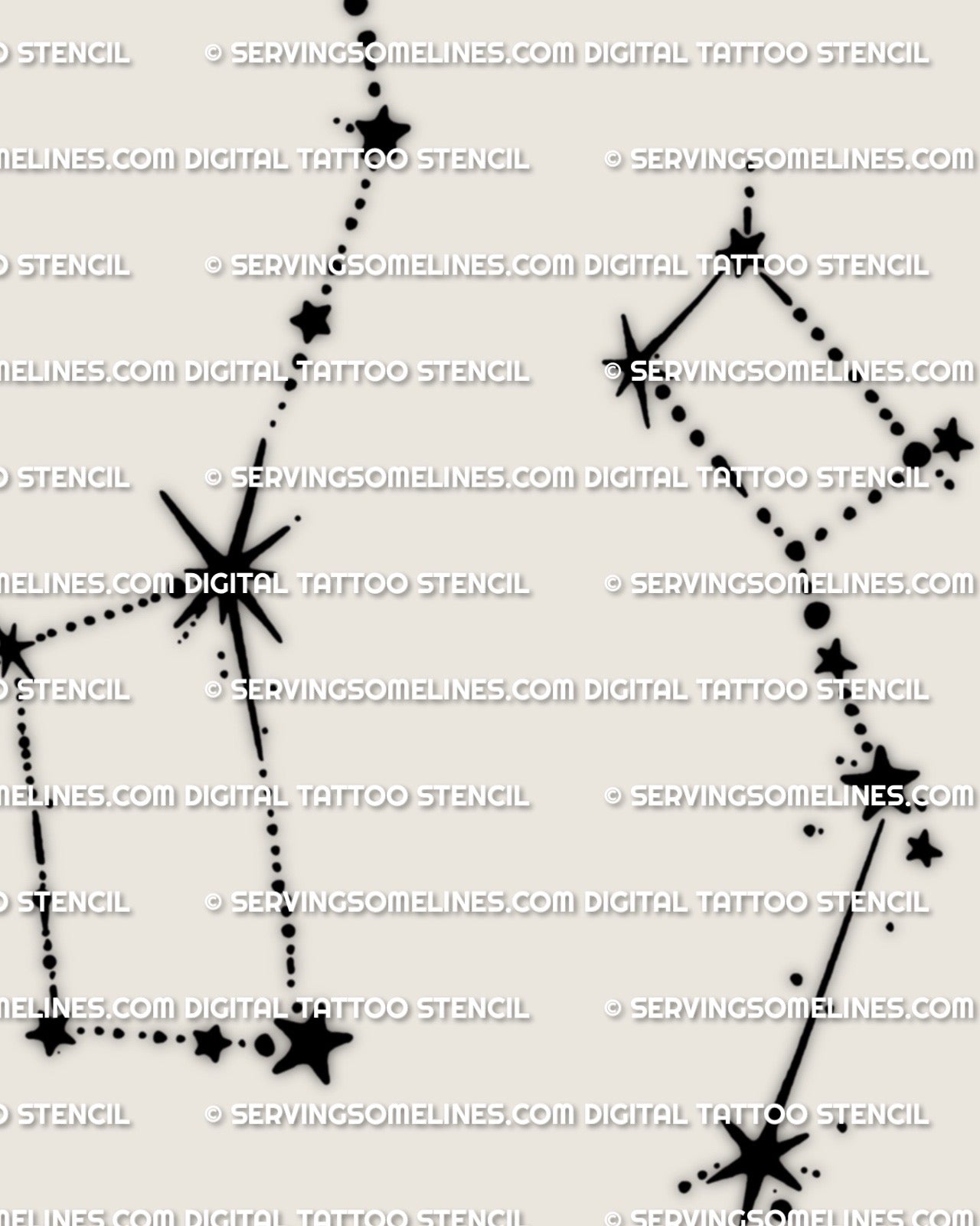 Close view of big dipper little dipper constellation tattoo stencil set, star points and line path, Ursa Major Ursa Minor