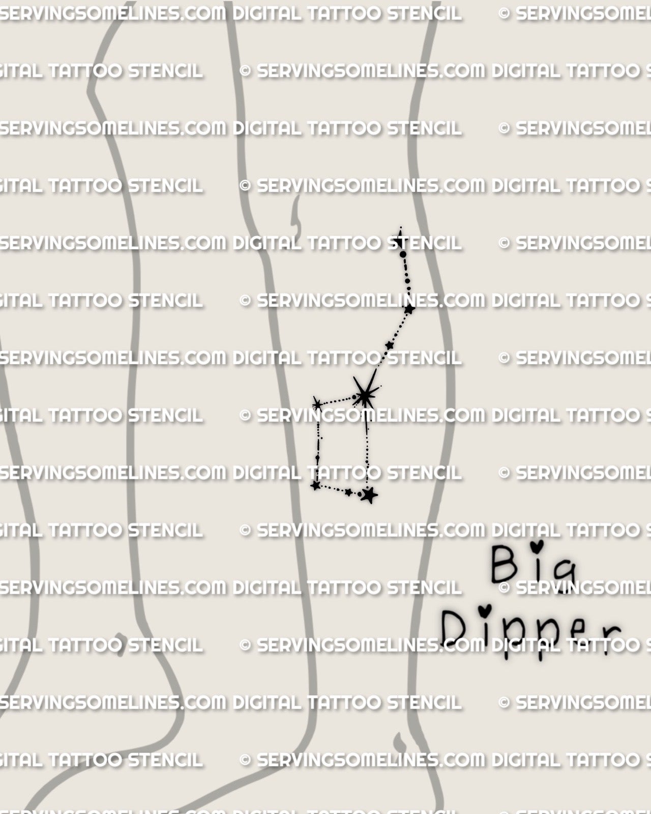 Big dipper tattoo stencil shown on lower leg placement example, small Ursa Major constellation tattoo design with clean star points.