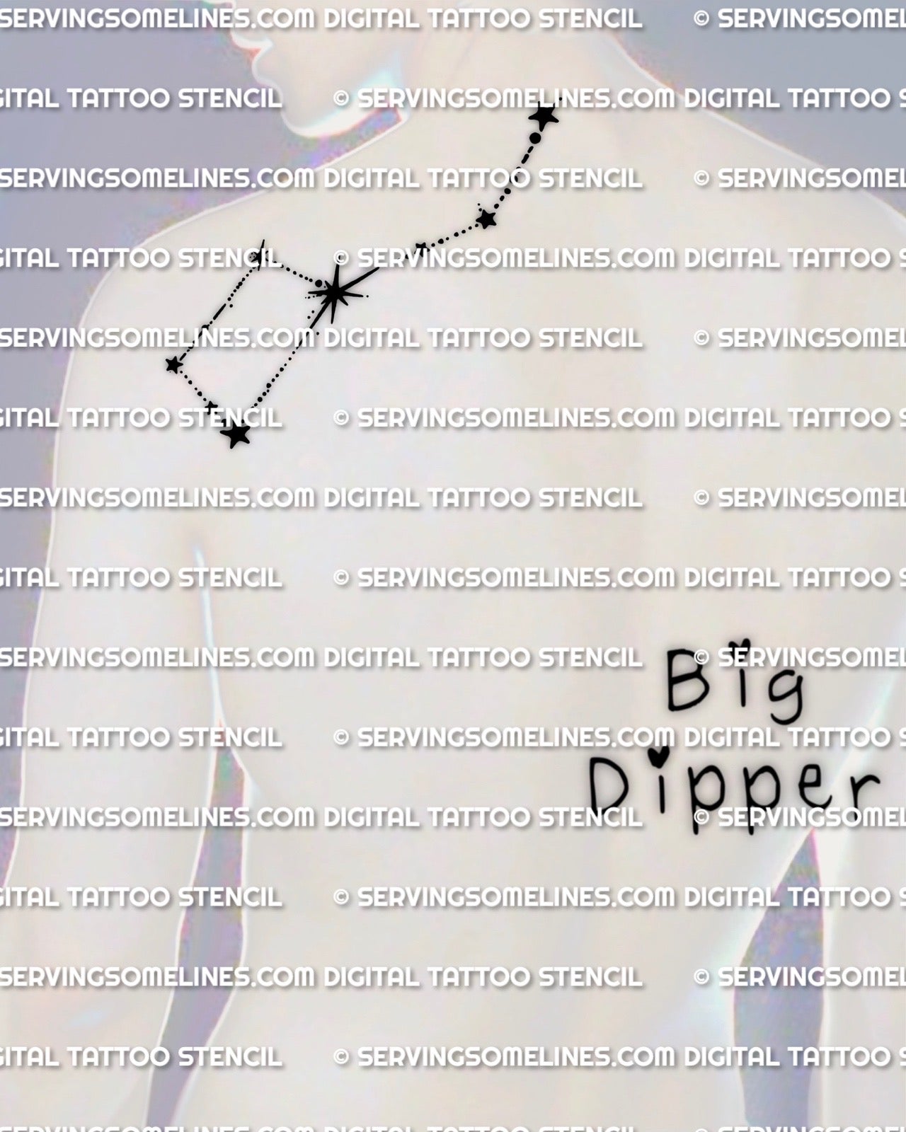 Big dipper constellation tattoo stencil displayed on men’s shoulder placement example, minimalist Ursa Major star layout and line path.