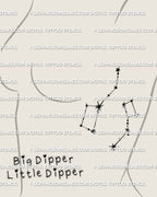 Big and little dipper constellation tattoo stencil shown on women’s side ribs placement, Ursa Major and Ursa Minor star map