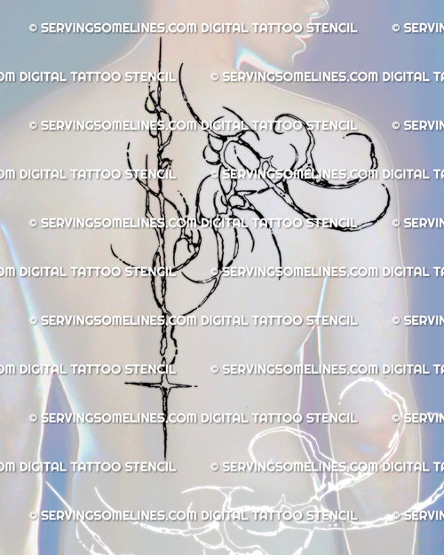 Biomech spine and shoulder tattoo stencil shown on men’s back placement with an asymmetrical upper back layout and vertical spine line