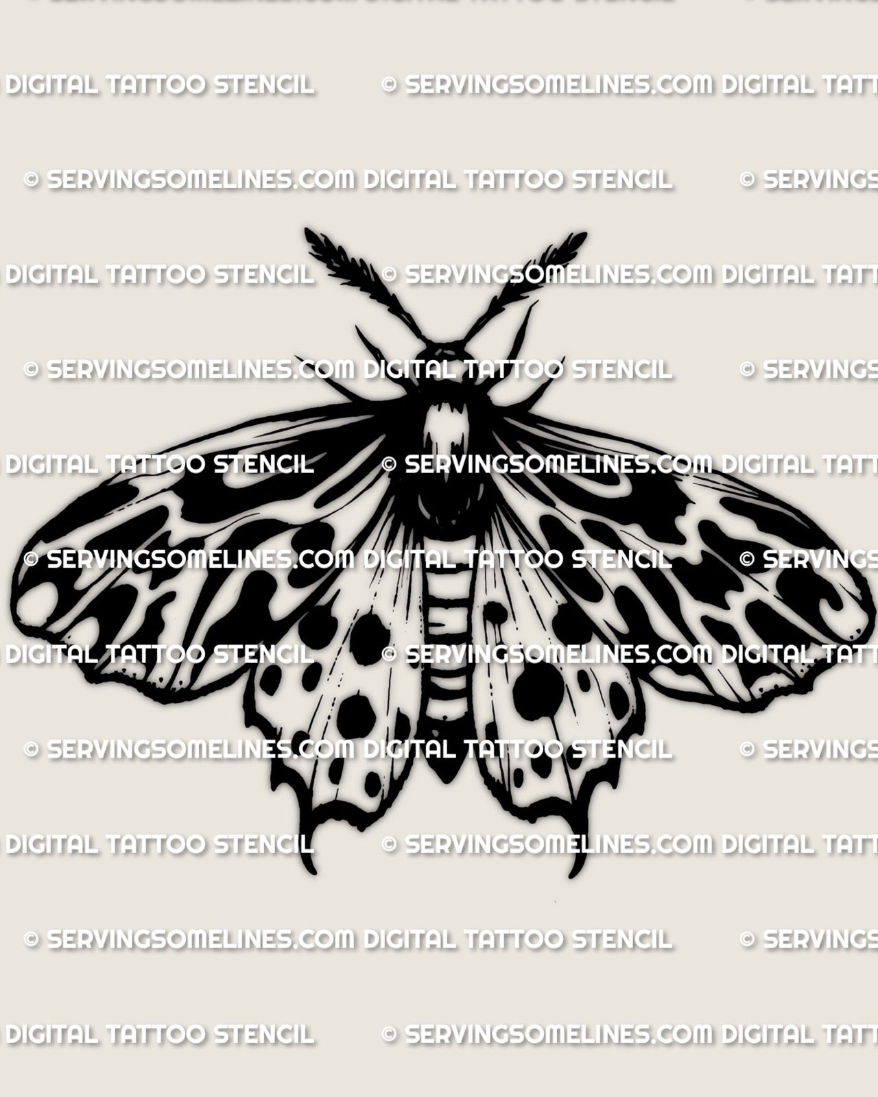 Black and white moth tattoo stencil with tiger moth stripe wing pattern, printable digital download.