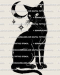 Black cat tattoo stencil design, sitting cat silhouette with curved tail, instant digital download, PNG JPG PDF.