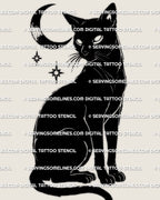 Black cat tattoo stencil design, sitting cat silhouette with curved tail, instant digital download, PNG JPG PDF.