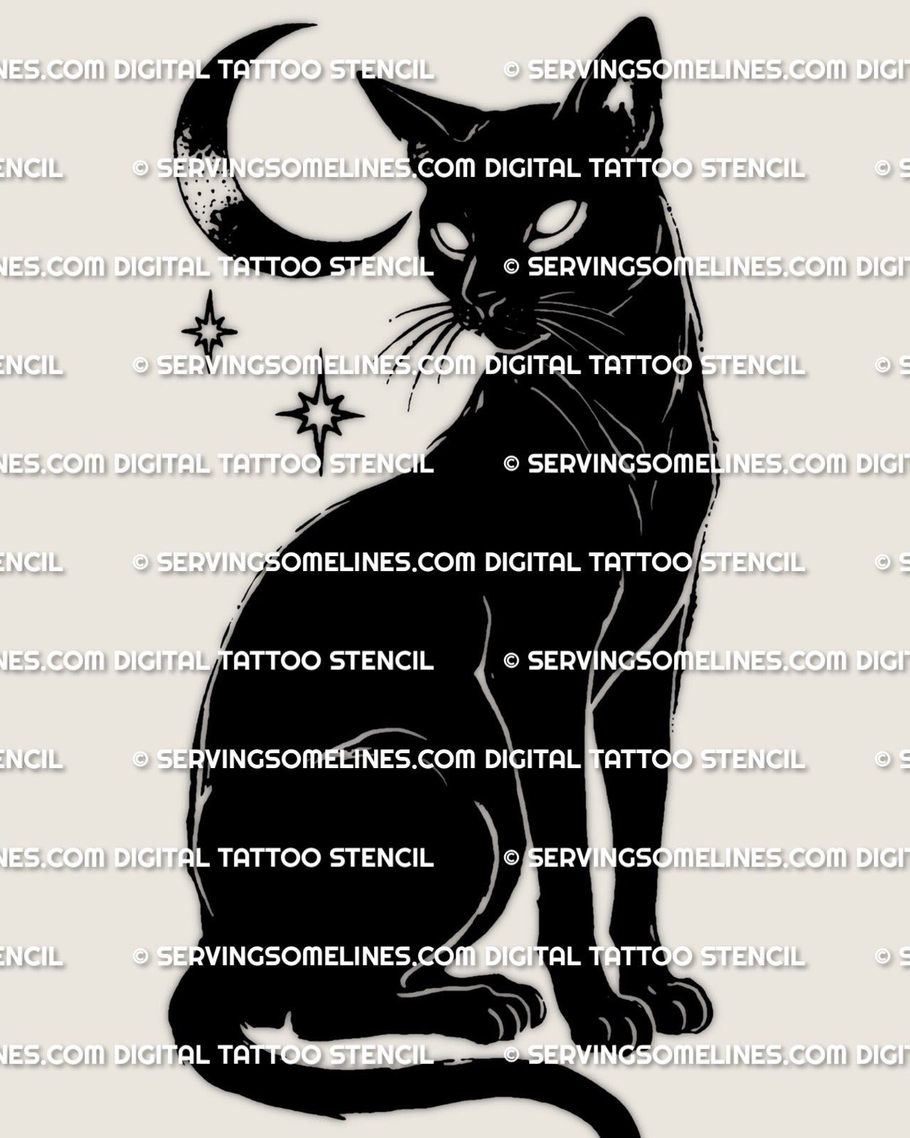 Black cat tattoo stencil design, sitting cat silhouette with curved tail, instant digital download, PNG JPG PDF.