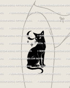 Black cat tattoo stencil shown on women thigh placement example, bold silhouette cat with bright eye cutouts.