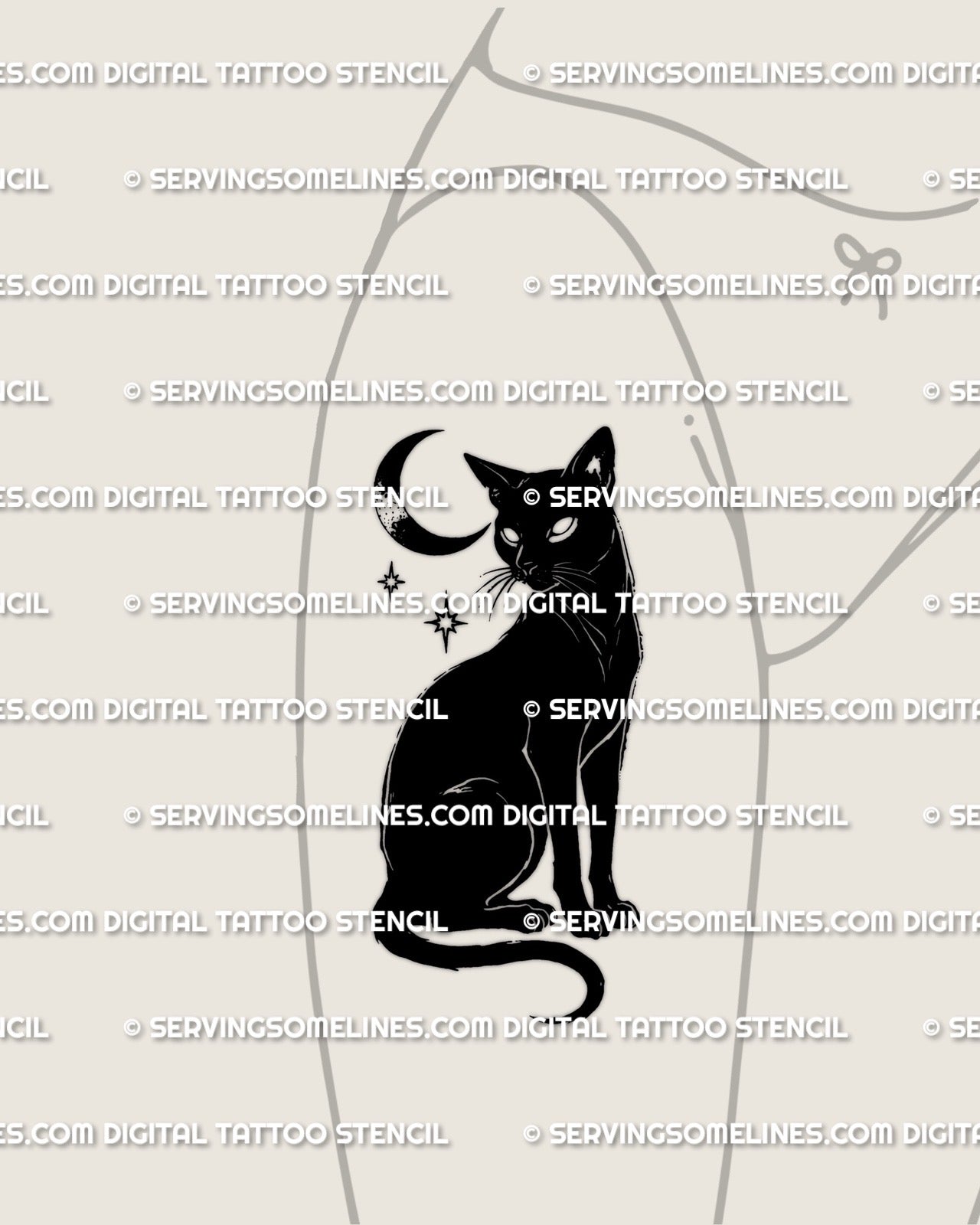 Black cat tattoo stencil shown on women thigh placement example, bold silhouette cat with bright eye cutouts.