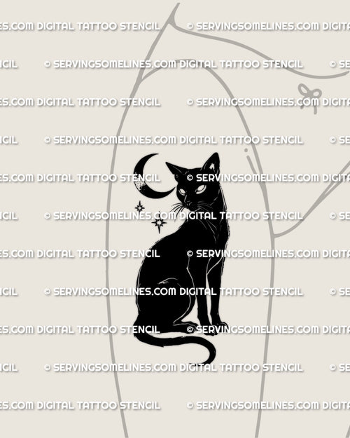 Black cat tattoo stencil shown on women thigh placement example, bold silhouette cat with bright eye cutouts.