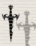 Close view of black dagger tattoo stencil silhouette, solid black fill and sharp point for clean stencil transfer.